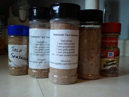 Bottles of homemade taco seasoning Bottles of homemade taco seasoning