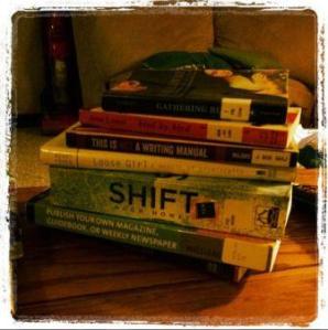 a stack of library books