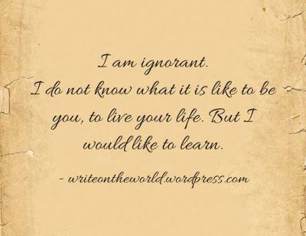 I am ignorant. I do not know what it is like to be you, to live your life. But I would like to learn.