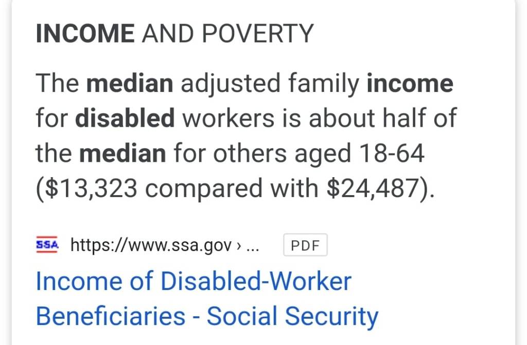 Meme: The median adjusted family income for disabled workers is about half of the median for others aged 18-64 ($13,323 compared with $24,487). Source: ssa.gov