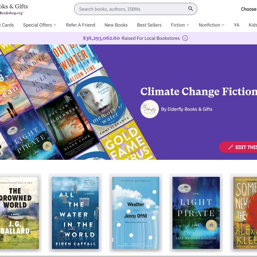 Screenshot of climate change fiction list on my online bookstore, Elderfly Books & Gifts