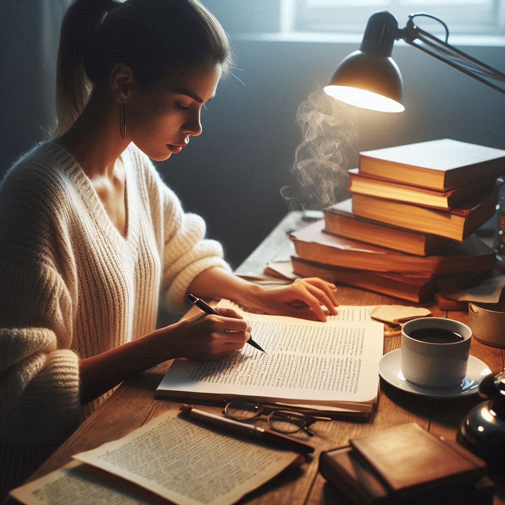 A woman proofreads her novel manuscript