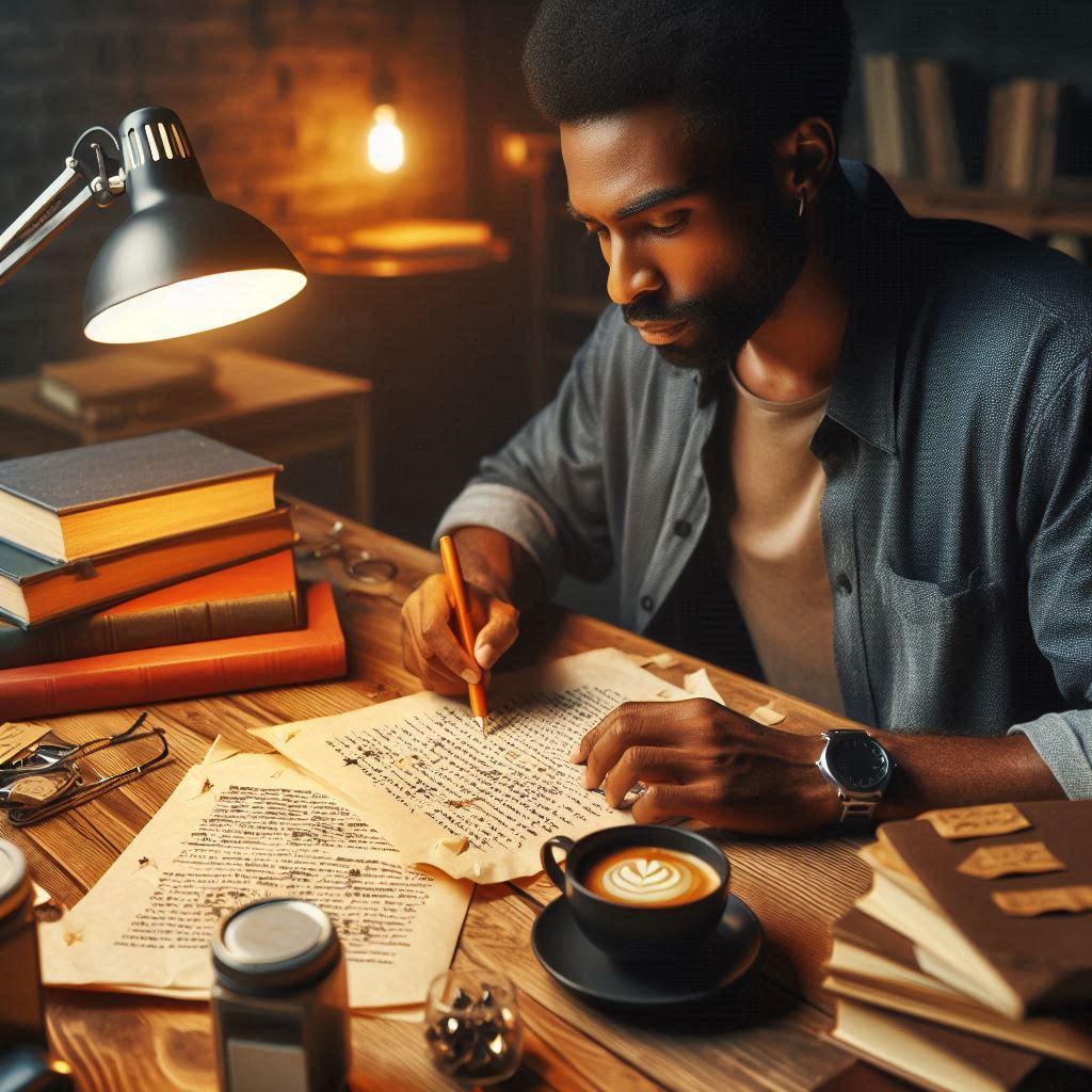 a man proofreading his novel manuscript