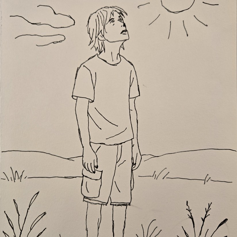 Line drawing of a man standing in an open field looking up at the sky