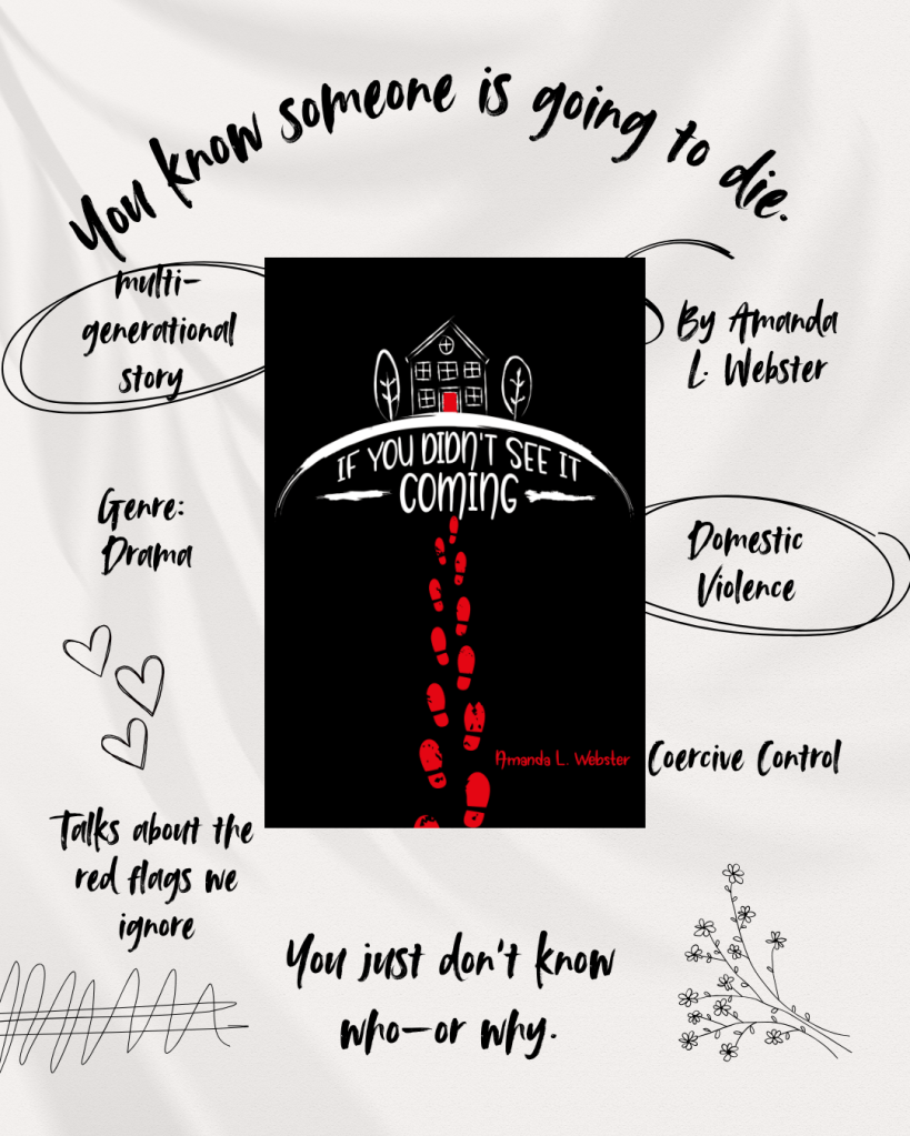 Graphic that includes the book cover and a list of the following tropes: Multi-generational story, Domestic violence, Coercive Control, talks about the red flags we ignore. "You know someone is going to die-- you just don't know who-- or why."