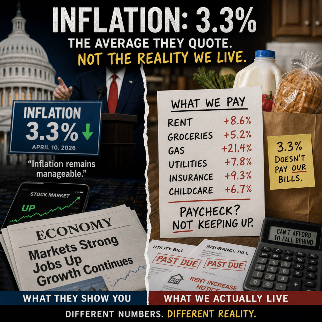Split infographic contrasting official inflation with real living costs. Left side shows a politician at a podium in front of the U.S. Capitol with “Inflation: 3.3%” and positive economic headlines. Right side shows groceries, bills marked “past due,” and a handwritten list of rising expenses like rent, gas, and utilities, alongside the message “Paycheck? Not keeping up.”
