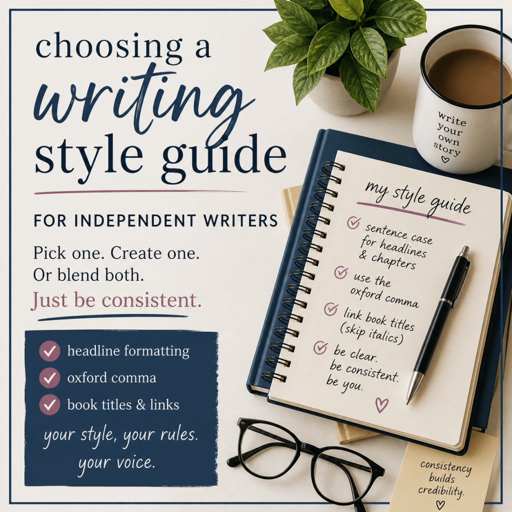 Square graphic about choosing a writing style guide for independent writers, showing a notebook, pen, coffee, and desk setup alongside text about sentence case, the Oxford comma, and formatting book titles, emphasizing consistency and personal style choices in writing.